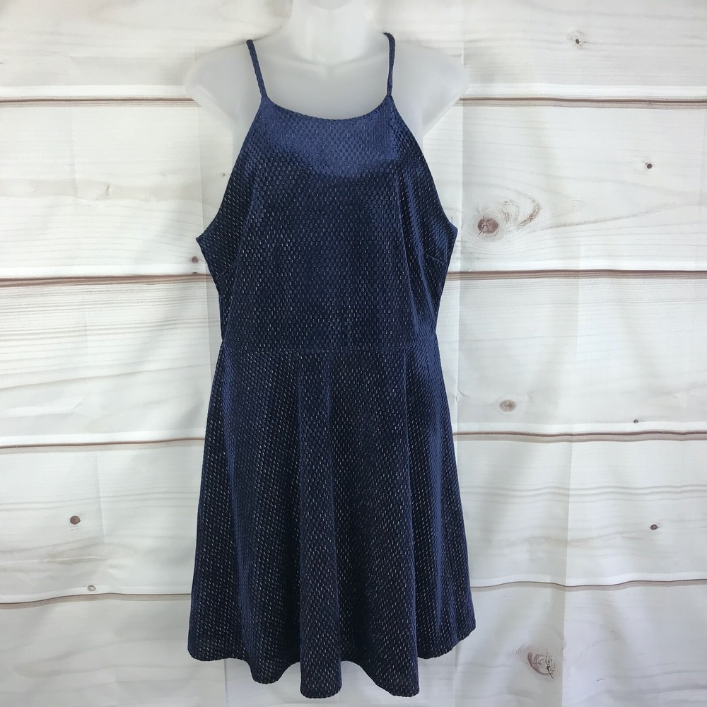 Rosie Harlow Dress Juniors XL Blue Velvet Fit & Flare Spaghetti Strap Glitter